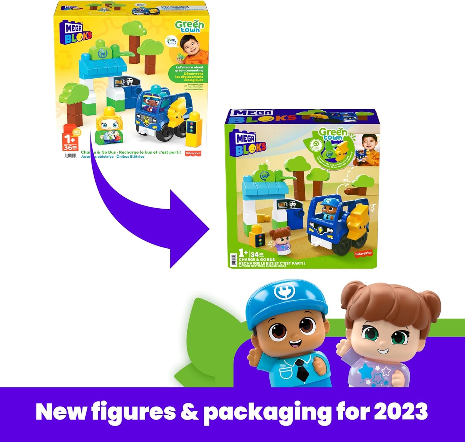 MEGA BLOKS Fisher-Price Toddler Building Blocks, Green Town Charge & Go Bus with 34 Pieces, 2 Figures, Kids Age 1+ Years, HDX90
