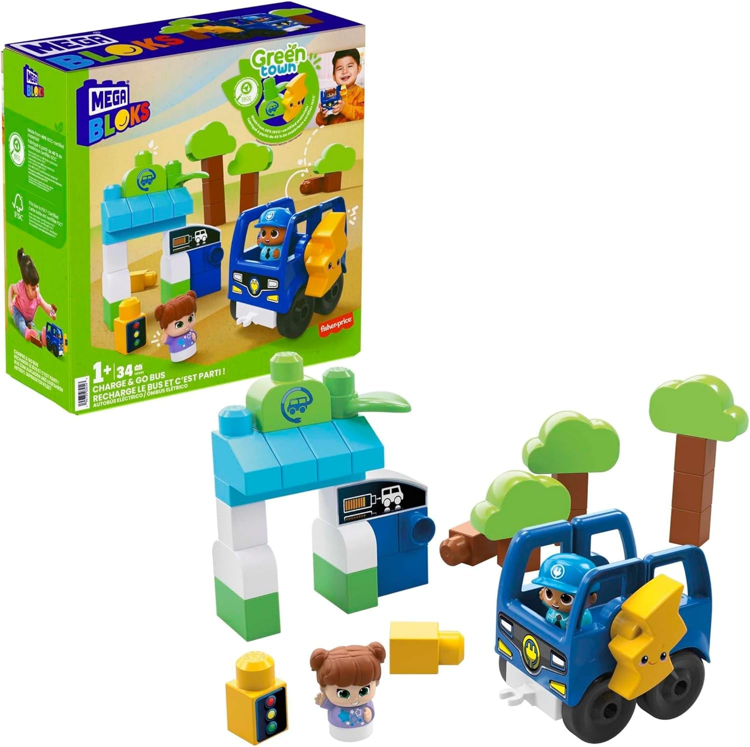 MEGA BLOKS Fisher-Price Toddler Building Blocks, Green Town Charge & Go Bus with 34 Pieces, 2 Figures, Kids Age 1+ Years, HDX90