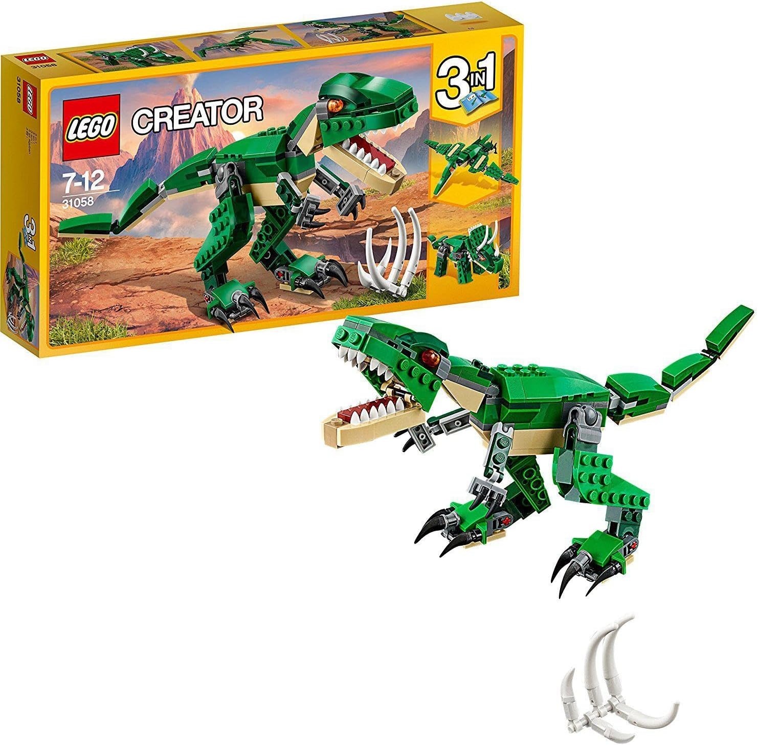 31058 Creator Mighty Dinosaurs Toy, 3 in 1 Model, T. Rex, Triceratops and Pterodactyl Dinosaur Figures, Gifts for 7-12 Year Old Kids, Boys & Girls