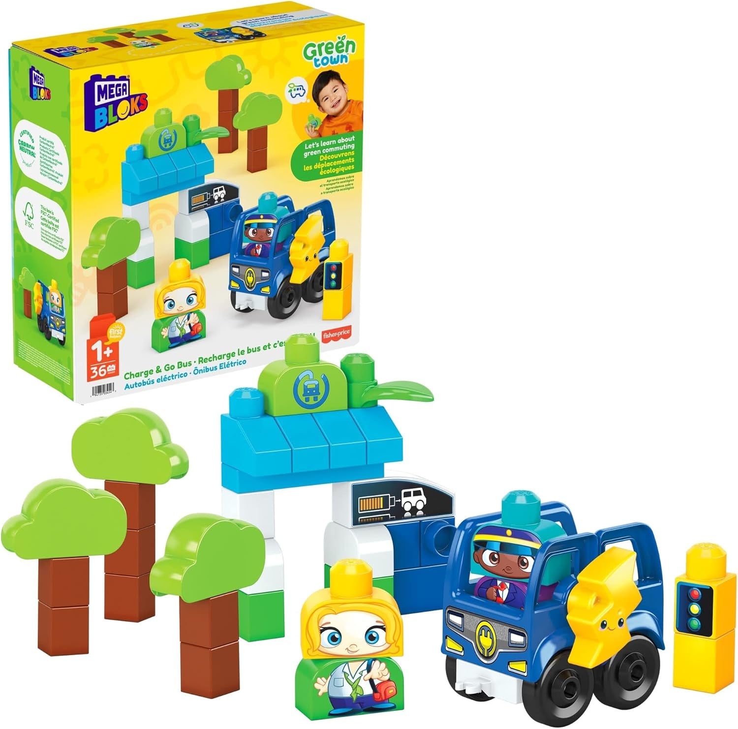 Fisher-Price Toddler Building Blocks, Green Town Charge & Go Bus